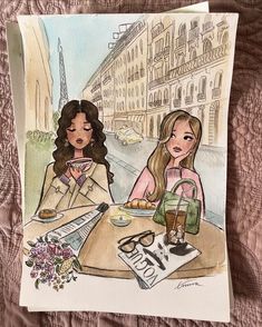 2 Girls Drawing, Drawing For Friends, Fashion Girl Drawing, Emma Drawing, Girly Paintings, Paris Drawings, Emma Aesthetic, Girly Illustration