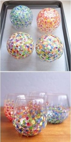 there are three pictures of different colored confetti in wine glasses