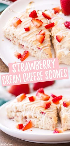 strawberry cream cheese scones on a white plate with strawberries and text overlay