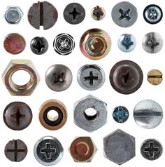 many different types of nuts and bolts on a white background