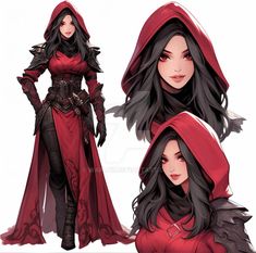 the character is dressed in red and black, while she has long hair with dark brown eyes