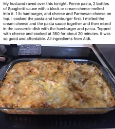 a casserole dish with cheese and meat in it on top of an oven