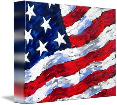 an american flag painted on canvas with red, white and blue colors in the background