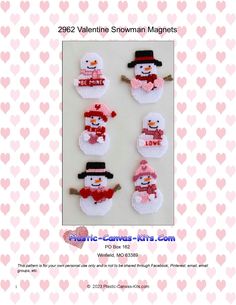 four snowman magnets are shown on the page