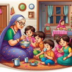 an old woman feeding her family some food