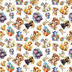 an animal themed wallpaper with many different animals and flowers on the white background,