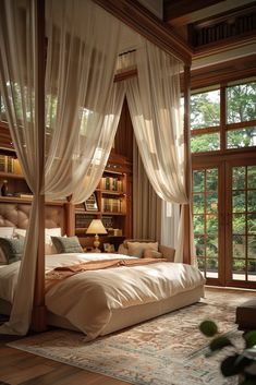 a large bed sitting in the middle of a bedroom next to a book shelf filled with books