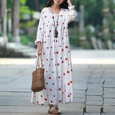 Item Type: Dress Pattern Type: Floral Sleeve Type: Short Sleeve Material: 95% Cotton Neckline: Crew Neck Occasion: Holiday,Daily, Date Time Process: Printed, Gathered Style: Casual, Daily Theme: SummerSize: One SizeLength: 124.00 cm/48.82 "Bust: 102.00 cm/ 40.16 "Waist: 116.00 cm/ 45.67 ''Sleeve Length: 53.00 cm/ 20.87 ''Shoulder: 39.00 cm/ 15.35 ''Arm: 38.00 cm/ 14.96 ''Cuff: 24.00 cm/ 9.45 ''Hem:228.00 cm/ 89.76 ''The model: 160.00 cm/ 62.99 '', Weight: 40.00 kg. Long Sleeve Cotton Dress, Floral Type, Women Long Sleeve Dress, Floral Sleeve, Dress Pattern, Dress First, Casual Dress, Types Of Sleeves, White And Black