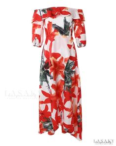 Lasaky - High Slit Tropical Print Off The Shoulder Dress Long Sleeve Turtleneck Dress, Dress Name, Tropical Print Dress, Scallop Trim, Off The Shoulder Dress, Casual Summer Dresses, Collar Dress, Tropical Print, Olivia Mark