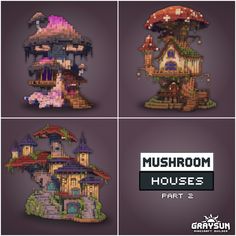 four different images of mushroom houses