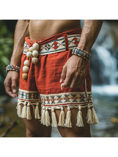 Men Shorts, Retro Casual Ethnic Style Shorts Bohemian Style Shorts Without Belt Bohemian Short Beach Bottoms, Bohemian Boho Print Bottoms For Beach Season, Bohemian Beach Shorts, Bohemian Summer Shorts, Bohemian Summer Festival Shorts, Bohemian Shorts For Beach Season, Bohemian Vacation Shorts, Traditional Summer Festival Bottoms, Traditional Style Bottoms For Summer Vacation