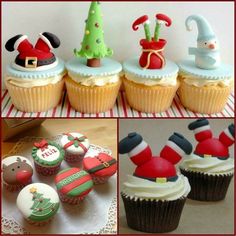 cupcakes decorated like santa claus and other holiday treats are shown in three different pictures