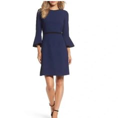 Beautiful Blue Fan Sleeve Dress, Built-In Black Belt, Excellent For Parties, Office, Or Special Dinners, A Dress With Elegance... N.W.T. Elegant Navy Midi Dress For Fall, Elegant Navy Dress For Fall, Elegant Navy Dresses For Fall, Long Sleeve Lined Dresses For Work, Long Sleeve Lined Dress For Work, Lined Long Sleeve Dress For Work, Navy Fitted Mini Dress For Formal Occasions, Fitted Navy Mini Dress For Formal Occasions, Formal Fitted Navy Mini Dress