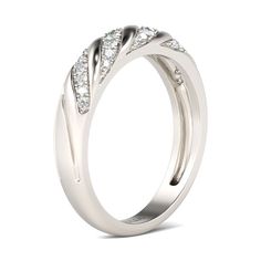 On your wedding day, seal your vows to her with this stylish wedding band. It features four diagonal channels, each set with shimmering round stones. A meaningful look of love, this wedding band will capture her heart. Each time she glances at this lovely band, her thoughts will turn to you. Carat Weight: 0.469 ctStone Size: 1,1.1,1.2,1.3,1.5 mmStone Type: Jeulia® StoneNumber of Stones: 26 Stone Color: Diamond WhiteStone Shape: RoundWeight: 4.56 gWidth: 4.5 mmHeight: 2.7 mmThickness: 2.6 mmMaterial: 925 SilverPlating Color: Silver Cheap Diamond Rings, Wedding Band For Women, Sterling Silver Wedding Band, Sterling Silver Wedding Rings, Jewelry Appraisal, Tiffany Jewelry, Discount Jewelry, Jewelry Rings Diamond, White Jewelry