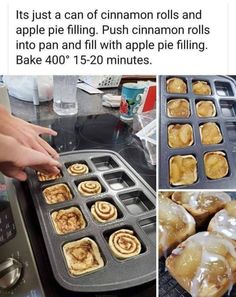 an advertisement for cinnamon rolls and apple pies in the kitchen with instructions on how to bake them