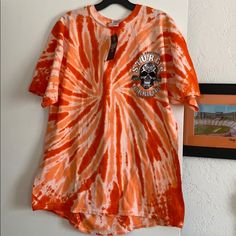 Famous Motorcycle Rally- Sturgis 75th Annual Tye-Dye T-Shirt, Xl. (1938-2015) Purchased At The Rally And Never Worn. New With Tags. Orange & White, Scalloped Bottom. Small Logo From The Rally In The Front, Huge Logo In The Back! So Cute And Comfy! Soon To Be A Collector! White T-shirt For Summer Fan Gear, Sugar Skull Halloween, Plus Size Tees, Disney Tees, 75th Anniversary, Red T, Halloween Tees, Pink Tshirt, Red Tshirt