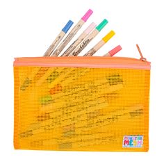 a yellow pencil case filled with markers and pens