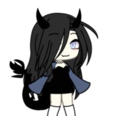 a drawing of a girl with horns on her head and black hair, standing in front of a white background