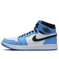 The Air Jordan 1 High Golf 'University Blue' is a stylish fusion of iconic Air Jordan design and golf-specific functionality. This sneaker features a durable leather construction and a golf-optimized outsole. The colorway combines University Blue, Black, and White, creating a fresh and eye-catching look. Priced at $190, the Air Jordan 1 High Golf “University Blue” is perfect for golfers who want both style and performance on the course. Blue Basketball Shoes With Contrast Sole For Casual Use, Classic Blue High-top Sneakers With Contrast Sole, Classic Blue Leather High-top Sneakers, Blue Classic High-top Sneakers For Sports, Classic Blue High-top Sneakers For Sports, Light Blue Leather Basketball Shoes With Boost Midsole, Modern Blue Basketball Shoes For Light Sports, Blue Leather High-top Sneakers For Light Sports, Blue Leather High-top Sporty Sneakers