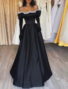 A-Line Evening Gown Gothic Dress Formal Wedding Party Floor Length Long Sleeve Off Shoulder Satin with Pearls 2024 Long Sleeve Formal Ball Gown With Sweep Train, Black Full-length Gown For Wedding, Black Full-length Wedding Gown, Long Sleeve Ball Gown With Fitted Bodice For Prom, Banquet Gown With Sweetheart Neckline And Sweep Train, Sweetheart Neckline Gown With Sweep Train For Banquet, Long Sleeve Ball Gown With Sweep Train For Banquet, Fitted Ball Gown For Banquet, Fitted Bodice Floor-length Dress For Debutante Ball