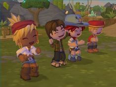 several cartoon characters are standing in the grass with one holding his hand out to another