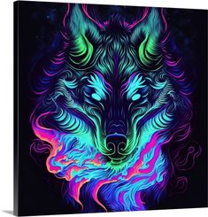 a colorful wolf with blue, pink and green colors on it's face in the dark