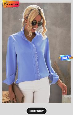 Sky Blue Solid Color Lace Frilled Trims Long Sleeve Shirt Fitted Blue Solid Color Shirt, Light Blue Solid Color Shirt For Spring, Blue Long Sleeve Blouse With Button Closure, Light Blue Shirt For Office In Spring, Light Blue Shirt For Office, Spring Season, Light Blue Office Shirt For Spring, Light Blue Spring Office Shirt, Blue Solid Color Blouse For Fall, Blue Solid Color Shirt For Office