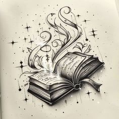 an open book with a magic wand flying out of it and stars in the background