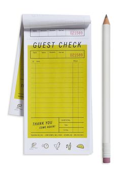 a yellow check book with a pencil next to it and a note pad on the side