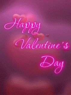 happy valentine's day greeting card with pink heart balloons and text on purple background