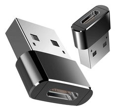 an image of two usb devices connected to each other on a white background, one is black and the other is silver