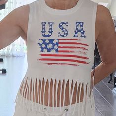 Usa Crop Top White Tops With American Flag Print For Beach, White American Flag Print Tops For Beach, White American Flag Print Top For The Beach, White American Flag Print Top For Beach, Spring Beach Tops With Flag Print, Summer Vacation Tops With American Flag Print, American Flag Print Tops For Summer Vacation, Sleeveless Beach Top With Flag Print, Spring White Tank Top With American Flag Print