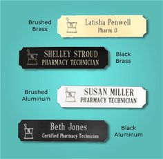 four different types of name tags on a blue background with the names of each brand