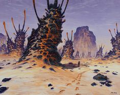 a painting of an alien landscape with rocks and plants