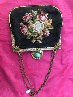 "Ladies American C1910-1920 bag. Chain handle can be single or double. Main body of purse is Approx 6.5\" c 6.5\". Not including the jeweled clasp section. If the chain is doubled the purse is approx 11.5\" long and if single chain approx 16.5\" long . It has 2 pockets inside and the top of each side has been hand stitched as well ." Door Picture Frame, Be Single, Tapestry Fabric, Top Handle Bags, Bag Chain, Woven Bag, Brass Chain, Vintage Bags, Hand Stitched