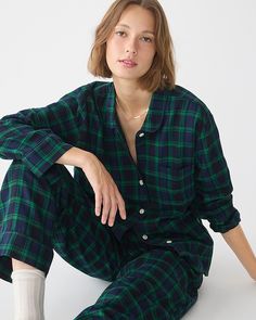 J.Crew: Flannel Long-sleeve Pajama Pant Set In Black Watch Tartan For Women Pajama Women, Women Flannel, Cotton Pajama Shorts, Black Watch Tartan, Stewart Tartan, Trendy Shirt Designs, Best Pajamas, Pajama Pant, Cozy Gift