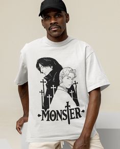 "UNISEX - Monster Johan Liebert Kenzo Tenma Shirt , Monster Anime Shirt Fan Art Mystery Manga, Gift for manga fan,Anime shirt, Gifts shirt * 100% ring-spun cotton* * Fabric weight: 4.5 oz/y² (153 g/m²) * Pre-shrunk for extra durability * Shoulder-to-shoulder taping Washing & care instructions: Machine wash cold, inside-out, gentle cycle with mild detergent and similar colors. Use non-chlorine bleach, only when necessary. No fabric softeners. Tumble dry low, or hang-dry for longest life. Cool iron inside-out if necessary. Do not iron decoration. Do not dry clean. ---------- UNISEX T-SHIRT size chart: (Inches) S = 28\" body length x 18\" body width M = 29\" body length x 20\" body width L = 30\" body length x 22\" body width XL = 31\" body length x 24\" body width XXL = 32.5\" body length x Monster Johan Liebert, Monster Johan, Johan Liebert, Monster Anime, Manga Gift, Fan Anime, Anime Shirt, Star Print, Shoulder Taping