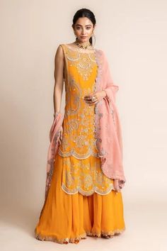 Shop for Nupur Kanoi Orange Crepe Hand Embroidered Double Layered Kurta Set for Women Online at Aza Fashions Orange Contrast Colors, Nupur Kanoi, Gharara Pants, Contrast Dupatta, Layered Kurta, Embroidery Mirror Work, Gharara Suits, Ridhi Mehra, Embroidery Mirror