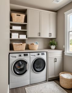 a washer and dryer in a laundry room next to a window with open shelving