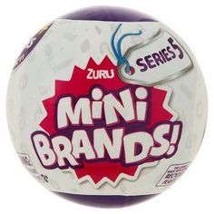 a purple and white ball with the word'mini brands'printed on it, in front of a white background