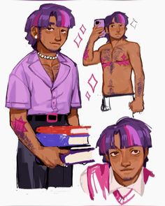 two men with purple hair are holding books and one has tattoos on his chest, while the other holds a book