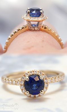 This royal blue sapphire and diamond yellow gold halo engagement ring can be customized to fit your style. Whether you like sapphires, diamonds, yellow gold, rose gold, white gold, platinum, or even a slightly different style, we can tailor it to become your dream ring. TAP to learn more and browse 1,000+ engagement rings! Gold Rings With Halo Setting And Blue Topaz, Yellow Gold Sapphire Ring With Halo Setting, Gold Topaz Ring With Diamond Halo Setting, Heirloom Yellow Gold Sapphire Ring With Halo Setting, Yellow Gold Sapphire Halo Ring, Yellow Gold Halo Engagement Ring, Gold Halo Engagement Ring, Romantic Wedding Colors, Beautiful Engagement Ring