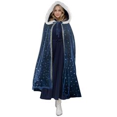 a woman wearing a blue cloak with stars on it and a white hood over her head