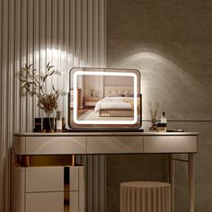 a mirror sitting on top of a desk next to a stool and table with a plant