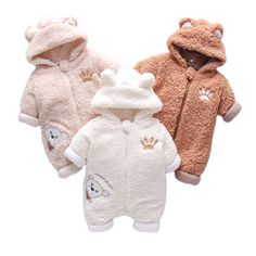 teddy bear design fleece hoodie romper | long sleeve zipper outerwear | fluffy ears attached on head | banded cuffs on sleeves & legs | soft cotton mix fabric | machine washable Cute Soft Long Sleeve Onesie, Cute Long Sleeve Soft Onesie, Winter Plush Long Sleeve Outerwear, Cozy Super Soft Long Sleeve Onesie, Super Soft Cozy Long Sleeve Onesie, Cozy Long Sleeve Super Soft Onesie, Hooded Plush Outerwear For Winter, Winter Cotton Onesie, Cozy White Hooded Onesie