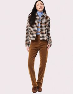 Trendy Tweed Jacket With Pockets For Fall, Fall Business Casual Button-up Tweed Jacket, Brown Houndstooth Outerwear For Fall, Brown Houndstooth Outerwear For Winter, Wool Houndstooth Outerwear For Business Casual, Wool Houndstooth Blazer For Fall, Plaid Outerwear For Business Casual, Plaid Casual Outerwear For Business Casual, Brown Houndstooth Blazer For Fall