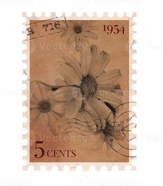 a stamp with flowers on it and the words 5 cents written in black ink,