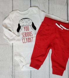 This baby outfit will be sure to get a lot of laughs at the Christmas party this year! Made with a Carters brand bodysuit, so refer to the size chart in the listing. Thanks for looking, and don't hesitate to contact me with any questions or special requests! Red Cotton Holiday Onesie, Cute Cotton Christmas Onesie, Cute Christmas Cotton Onesie, Cute Cotton Onesie For Holidays, Christmas Pants, Vacation Hat, Bodysuit Outfit, You Serious Clark, Body Suit Outfits