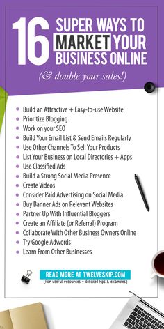 a flyer with the words 16 super ways to market your business online