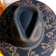 Custom-Made Handburned Hats From Etsy 8.5, Black, Unworn Cowgirl Hats Western, Burned Hats, Hat Painting, Custom Cowboy Hats, Black Straw Hat, American Hat Makers, Blue Bucket Hat, Wool Cloche Hat, New York Yankee Hat